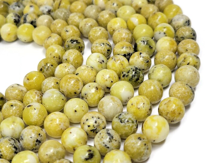 Yellow Turquoise 10mm Round Bead - Whole Strand - 38 beads - natural yellow olive green and black stone - serpentine