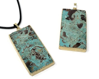 Ocean Jasper Large Slab Rectangle Pendant - Gold Electroplate Edge - 55mm by 30mm by 7mm - Green Blue Brown Colorful Stone - 2 inches