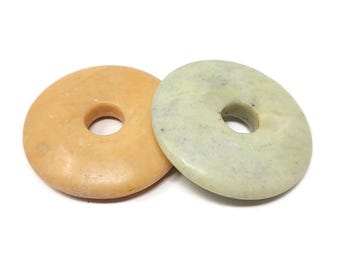 Two Marble Donut Focal Beads - 44x8.5mm with 10mm Hole - green and orange pi stone