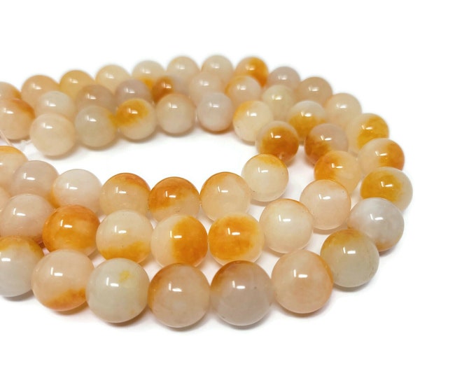 Orange and White Jade 14mm Round Bead - 28 or 14 beads - Whole or Half Strand - dyed stone