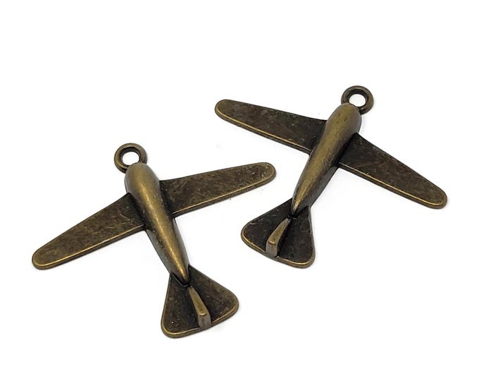 Large Airplane Antique Bronze Charm - 44mm by 52mm - Plane Necklace Pendant - retro aviation flight industrial transportation bomber charms