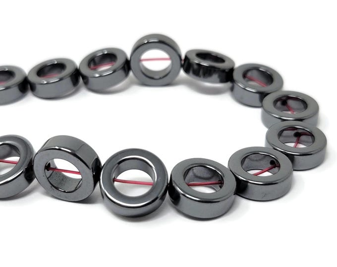 Gunmetal Black Hematite 12mm x 4mm ring or donut bead - 34 beads - Whole Strand - Non Magnetic