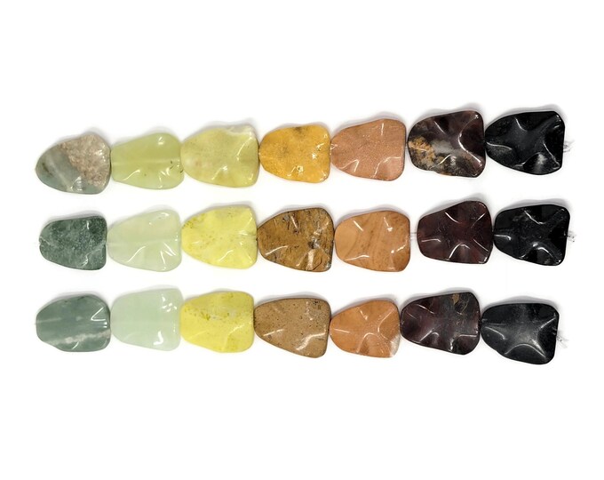 Seven Focal Bead Set - Assorted Semi-Precious Gemstone Lot - Carved Wavy Trapezoid or Triangle Pendant Beads - 30mm by 24mm by 7mm