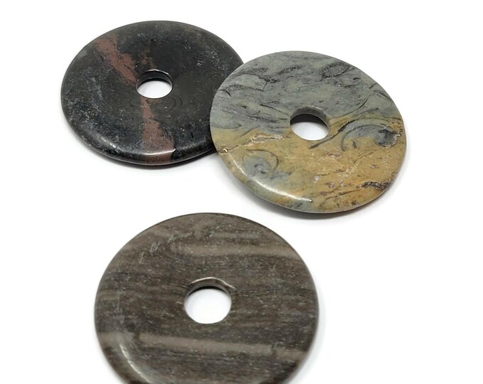 Three Stone Donut Focal Bead Set - 36mm by 4.5mm with 7mm Hole - 3 pieces - neutral gray taupe black pi stone pendant