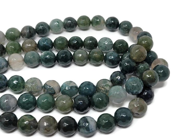 Green Moss Agate 10mm Faceted Round Bead - 37 beads - whole strand - shades of green stone