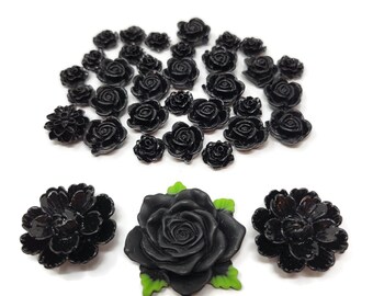 Black Flower Cabochons - 35 pieces - assorted size plastic rose and flowers