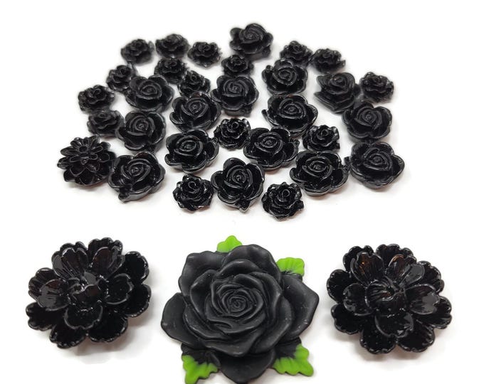 Black Flower Cabochons - 35 pieces - assorted size plastic rose and flowers