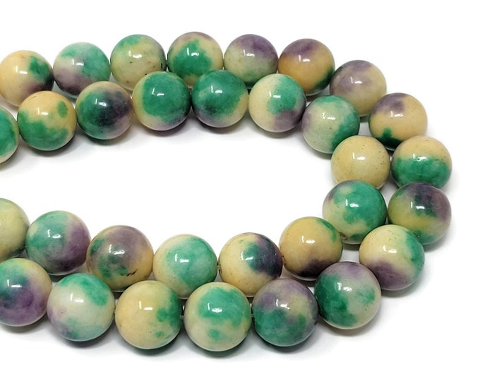 Purple Green and Yellow Jade 14mm Round Bead - 28 beads - Whole Strand - multicolor dyed stone