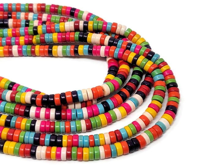Rainbow Heishi Bead - 6mm by 3mm - around 148 beads - Mixed Color Tube or Cylinder synthetic turquoise - Whole Strand - colorful variety
