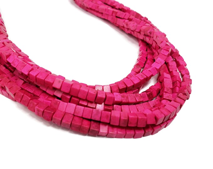 Pink Synthetic Turquoise 4mm Cube Bead - about 95 beads - Whole Strand - hot pink - fuchsia square - magenta box
