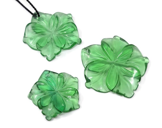 Green Glass Carved Flower Pendant - top drilled - three sizes - 35mm, 30mm, 25mm