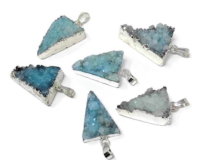 Six Aqua Blue Druzy Quartz Triangle Pendants - Silver Electroplate Edge - 30mm by 20mm - Large Crystal Stone Necklace Charm Lot