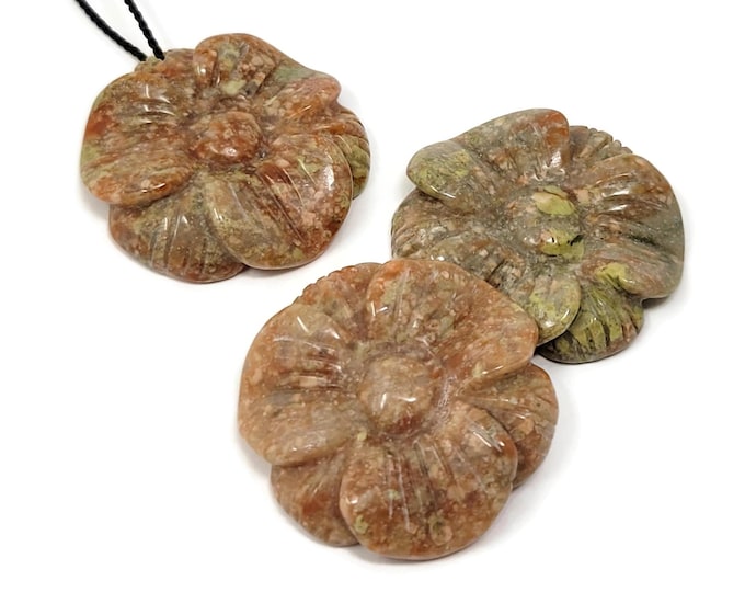 Autumn Jasper stone flower pendant - 35mm by 8mm - large top-drilled carved natural stone flower