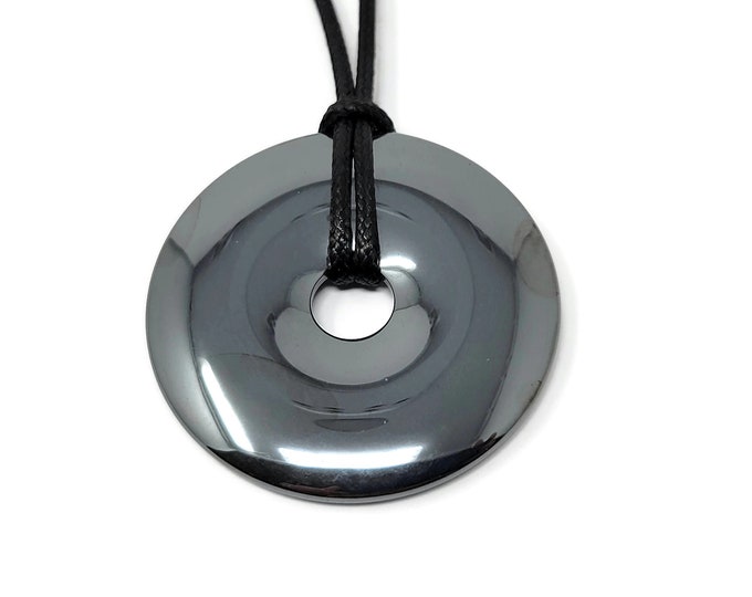 Large Black Hematite Donut - 50mm x 6.5mm with 10mm hole - Non Magnetic - open circle ring metallic pi stone gray pendant focal bead