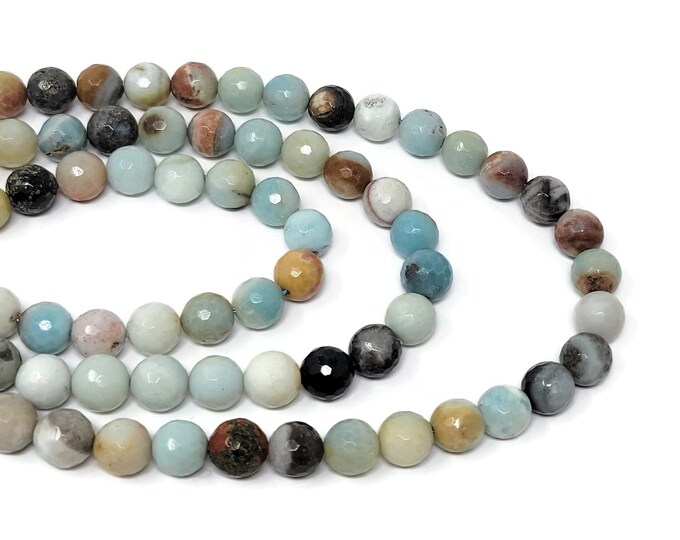 Flower Amazonite 10mm Faceted Round Bead - 35 beads - Whole Strand - Aqua Blue Multicolor Ocean Mixed Color Stone