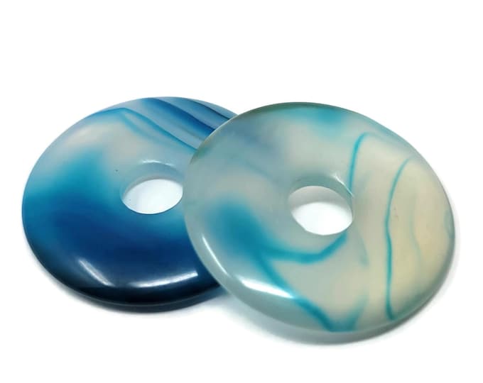 Two Blue Banded Agate Donut Focal Beads - 30mm by 4mm with 7mm Hole - 2 pieces blue striped pi stone pendant