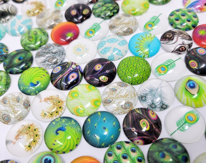 Peacock Artwork 16mm Glass Cabochon Set - 150 pieces - Mixed Pattern Abstract Feathers Peacocks - glass for magnets or jewelry - 16mm by 5mm