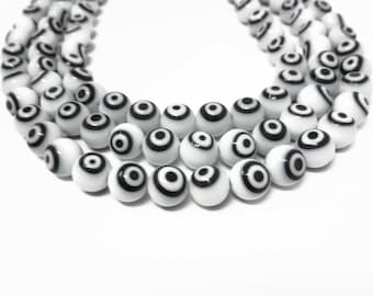White and Black Evil Eye Bead 10mm Round - 37 beads - Whole Strand - Lampwork Glass - target - circle - handmade