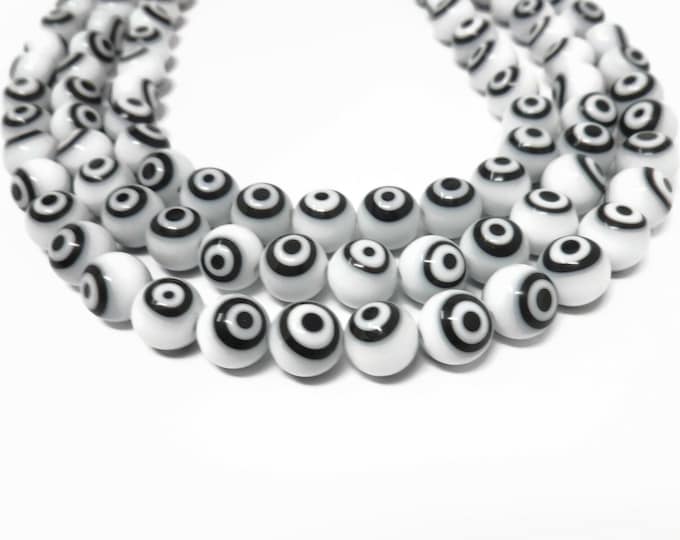White and Black Evil Eye Bead 10mm Round - 37 beads - Whole Strand - Lampwork Glass - target - circle - handmade