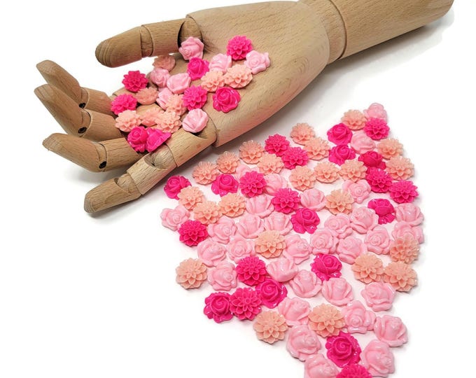 Pink Flower Mixed Cabochon Lot - 100 piece set - 16mm by 8mm - plastic craft flower assortment - rose mum chrysanthemum mix