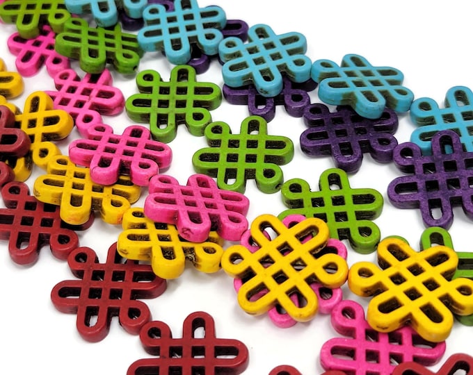 Large Celtic or Chinese Knot Bead - Whole Strand - 29mm by 24mm - 14 beads - yellow blue green purple pink