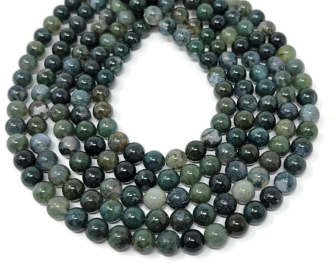 Green Moss Agate 8mm Round Bead - 47 beads - Whole Strand - Shades of Green - Forest Evergreen - Dark Green Stone