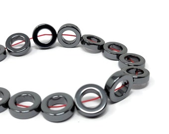 Gunmetal Black Hematite 14mm by 4mm Donut bead - 29 beads - Whole Strand - Non Magnetic synthetic gray hematite metallic ring - open circle