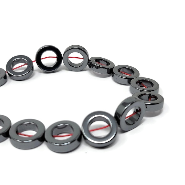 Gunmetal Black Hematite 14mm x 4mm  Ring or Donut bead - 29 beads - Whole Strand - Non Magnetic synthetic gray hematite metallic open circle
