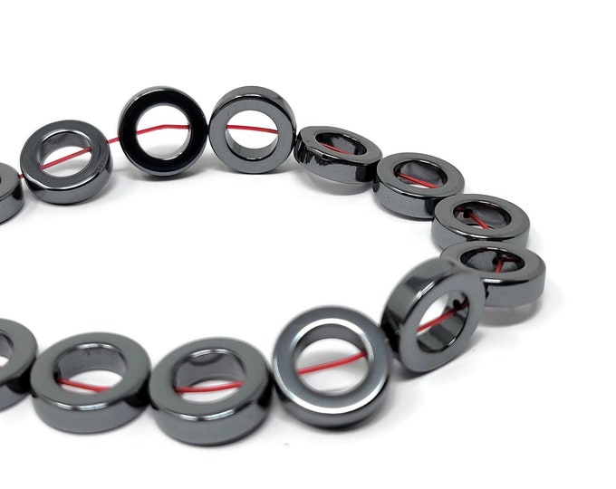 Gunmetal Black Hematite 14mm by 4mm Donut bead - 29 beads - Whole Strand - Non Magnetic synthetic gray hematite metallic ring - open circle