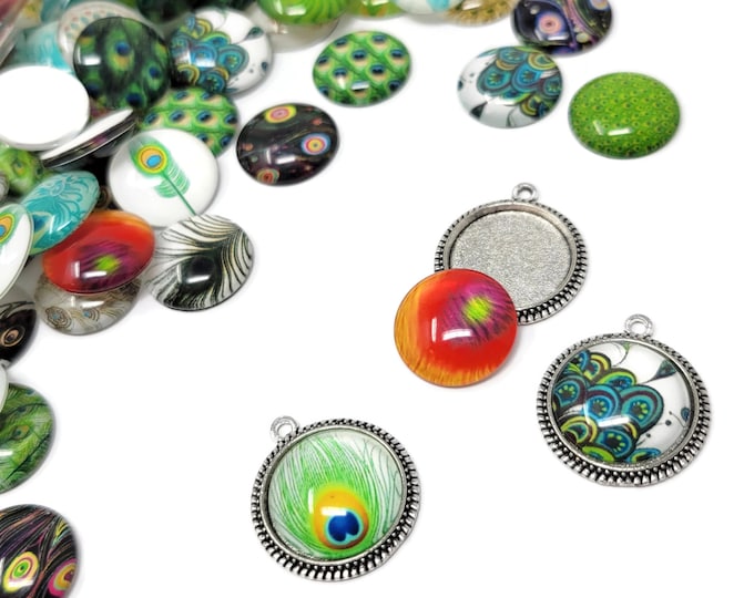 Peacock Artwork 16mm Glass Cabochon Set - 150 pieces - Mixed Pattern Abstract Feathers Peacocks - glass for magnets or jewelry - 16mm by 5mm