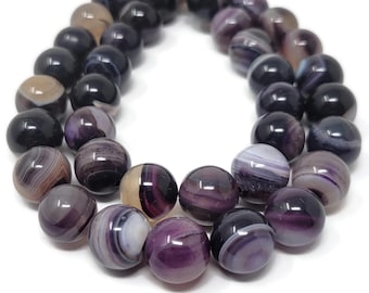 Purple Agate 14mm Round Bead - 27 beads - whole strand - amethyst and black striped stone beads