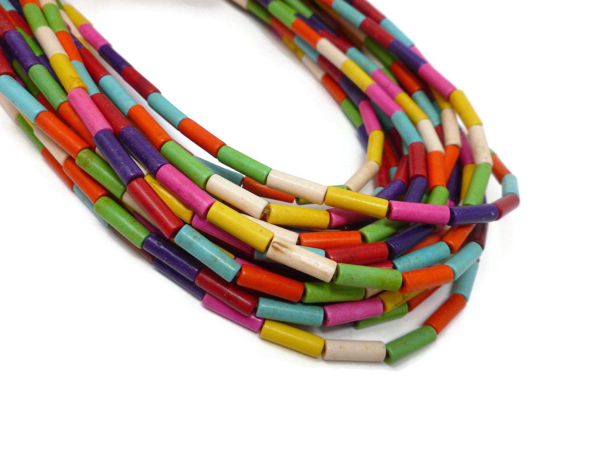 Rainbow Howlite Column Tube Bead 13mm x 4mm 31 beads Whole Strand Mixed Color Mix