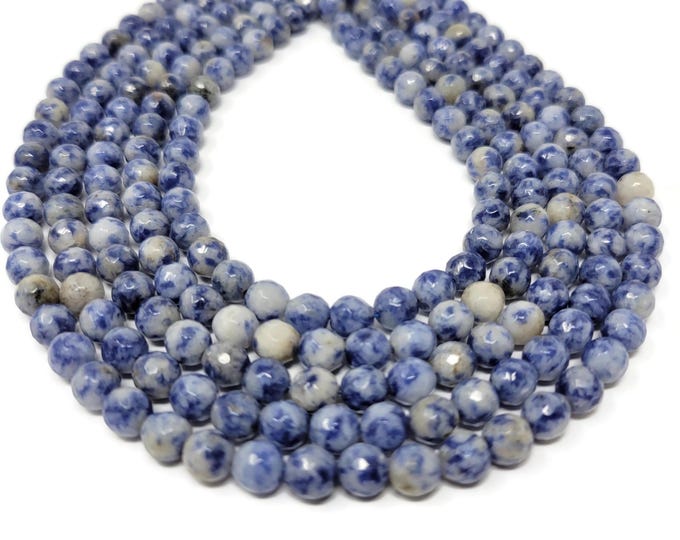 Blue Spot Jasper Faceted 6mm Round Bead - whole strand - 60 beads - natural blue and white spotted stone - blueberry - navy