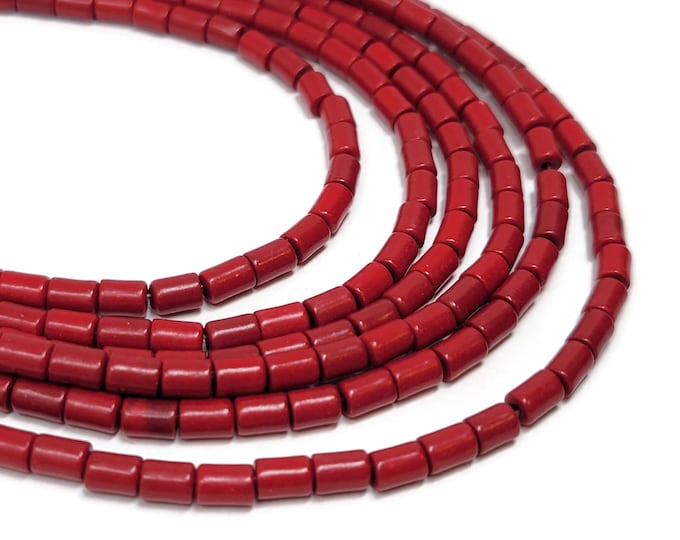 Cherry Red Small Tube Bead - 5.5mm by 3.5mm - Whole Strand - 77 beads - crimson scarlet cylinder synthetic turquoise column