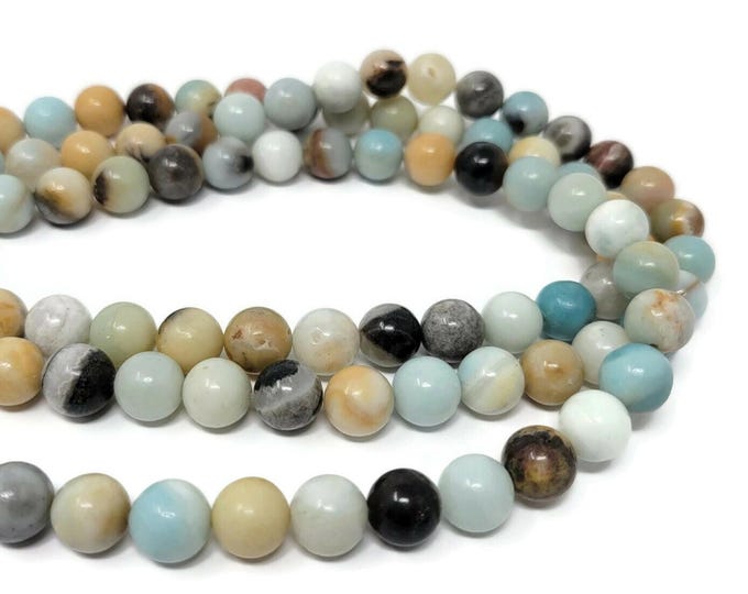 Flower Amazonite 10mm Round Bead - 37 beads - Whole Strand - Mixed Color Stone Colorful Shades of Blue brown beige black white