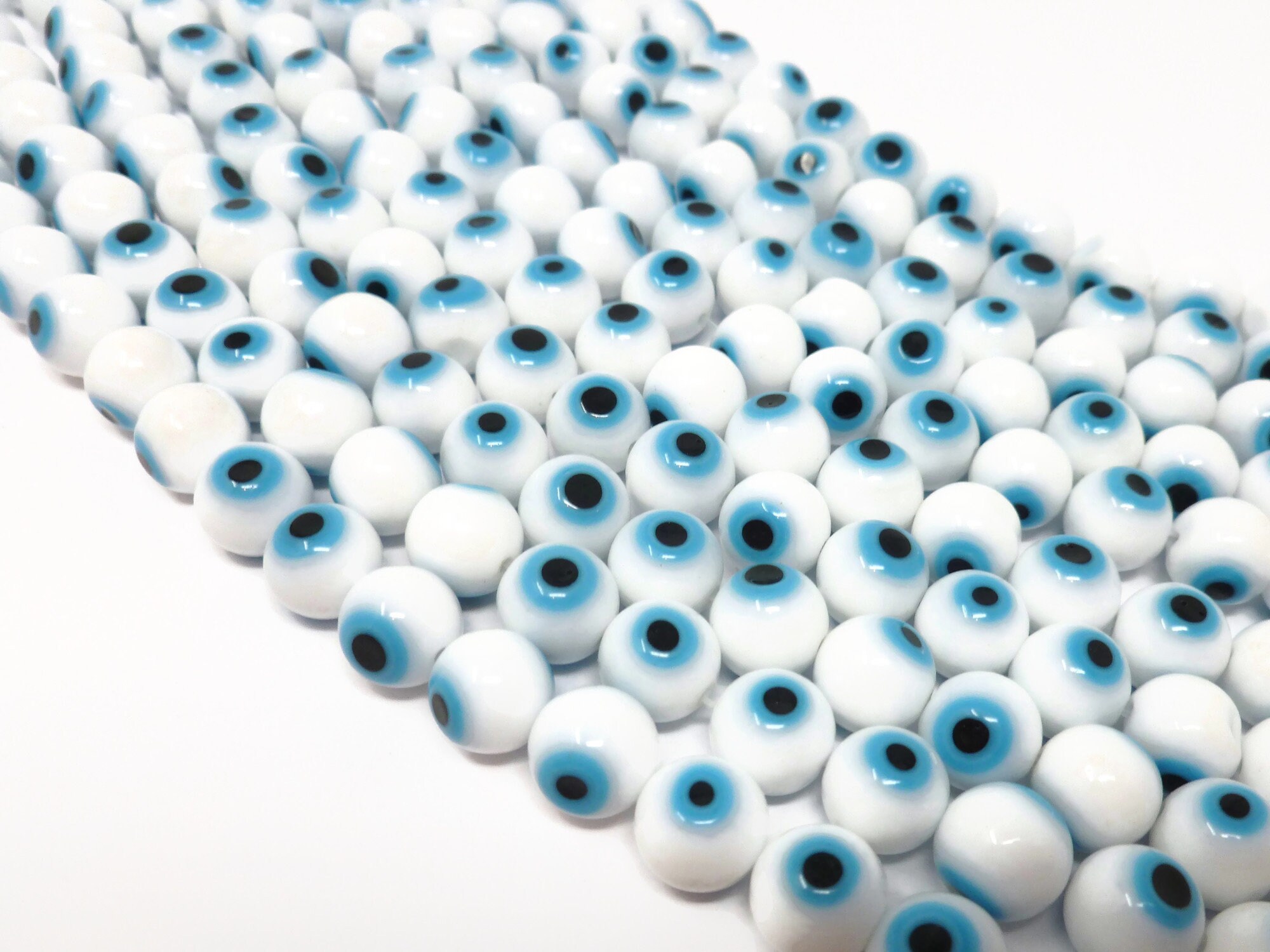 Blue Evil Eye Bead 10mm Round Lampwork Glass - White Blue and Black
