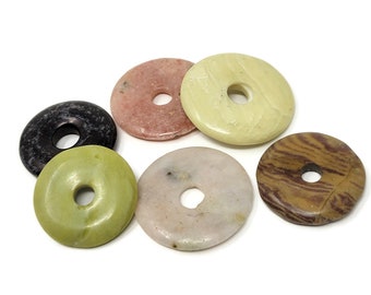 Six Donut Bead Set - Mixed Stone Focal Beads or Pendants - 30mm to 35mm - Assorted Semi-Precious Gemstone Lot