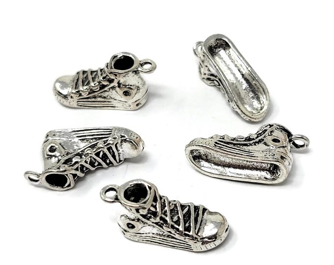 Antique Silver Hi-Top Basketball Shoe Charm - 100 pieces - 3-D sneaker pendant - bulk lot of athletic charms