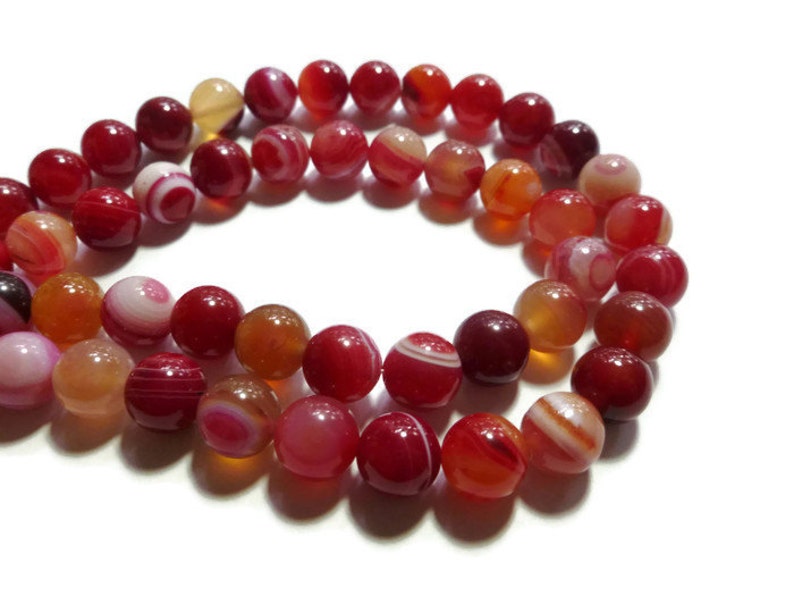 Full Strand Colorful Striped Red White Orange and Pink Stone Multicolor Red Banded Agate 10mm Round Bead 37 beads