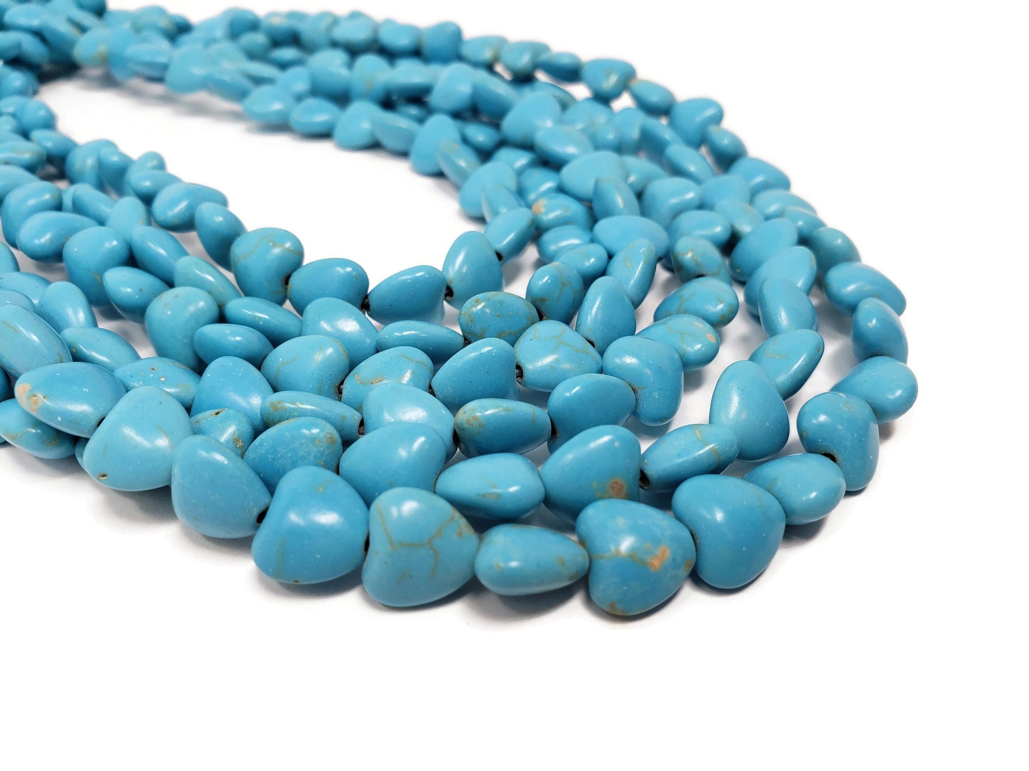 Blue Turquoise Magnesite Heart Bead - Puffed Hearts - 10mm x 10mm