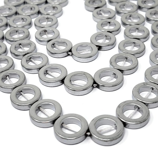 Silver Hematite Ring or Donut Bead - Non Magnetic - 16mm x 4mm - Whole Strand - 25 beads - open circle - silver plated