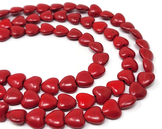 Red Heart Bead - 12mm by 12mm by 6mm - 34 beads - Whole Strand - cherry scarlet crimson synthetic turquoise hearts