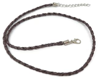 Dark Brown Braided Cord Necklace - adjustable 17" to 19" - faux leather blanks with chain extender