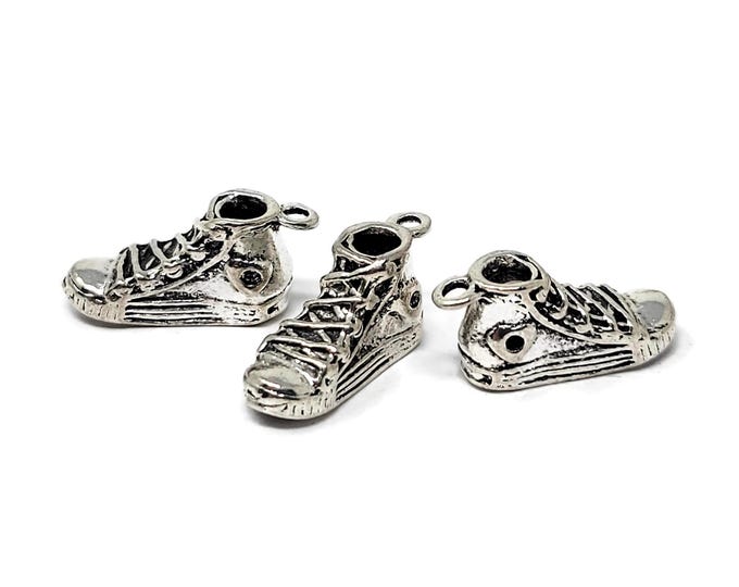 Antique Silver Hi-Top Basketball Shoe Charm - 100 pieces - 3-D sneaker pendant - bulk lot of athletic charms