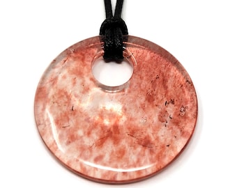 Cherry Quartz Donut with Offset Hole - 50mm by 6mm - 13mm offset hole - 2 inch - circle pi stone - pink red and clear glass go-go focal bead