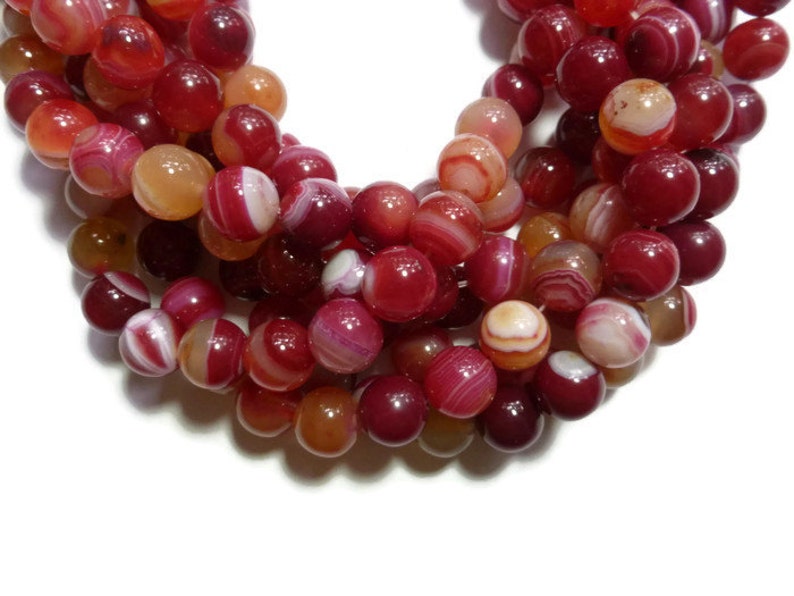 Full Strand Colorful Striped Red White Orange and Pink Stone Multicolor Red Banded Agate 10mm Round Bead 37 beads