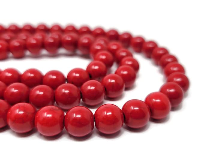 Red 10mm Round Bead - Whole Strand - 41 beads - Cherry Scarlet Cardinal - Synthetic Turquoise