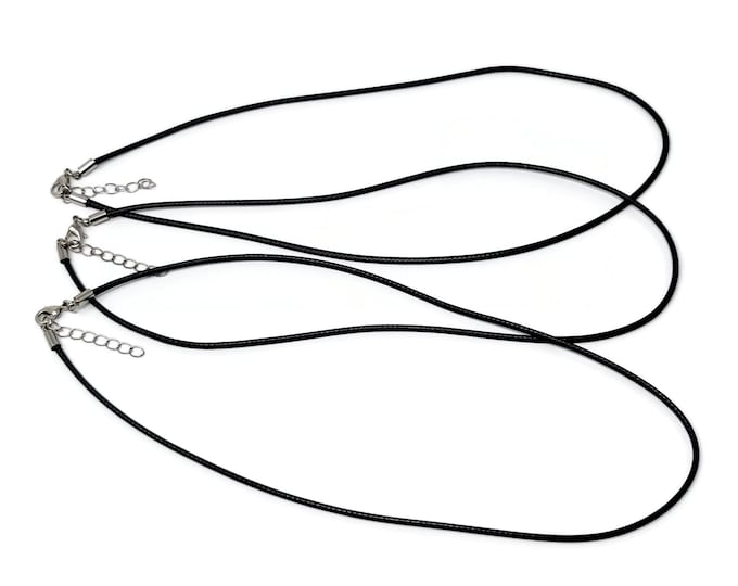 Black 2mm Waxed Cord Necklace Blanks - 18" to 20" adjustable - 5 10 25 50 necklaces - braided cords - silver findings - bulk blank