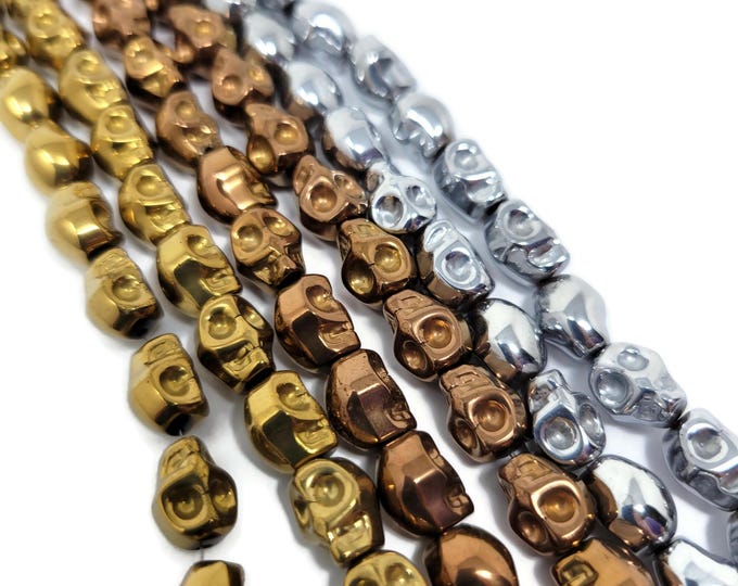 Hematite Skull Beads - 10mm by 8mm by 7mm - 39 beads - Whole Strand - Silver Copper or Gold Synthetic Hematite Skulls