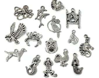 Antique Silver Charm Set - 75 pieces - frog unicorn mermaid dog horse octopus parrot dolphin eagle -mixed lot